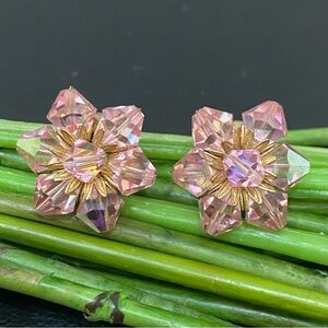 Vintage 60’s Pink Aurora Borealis AB Crystal Flower Cluster Clip On Earrings